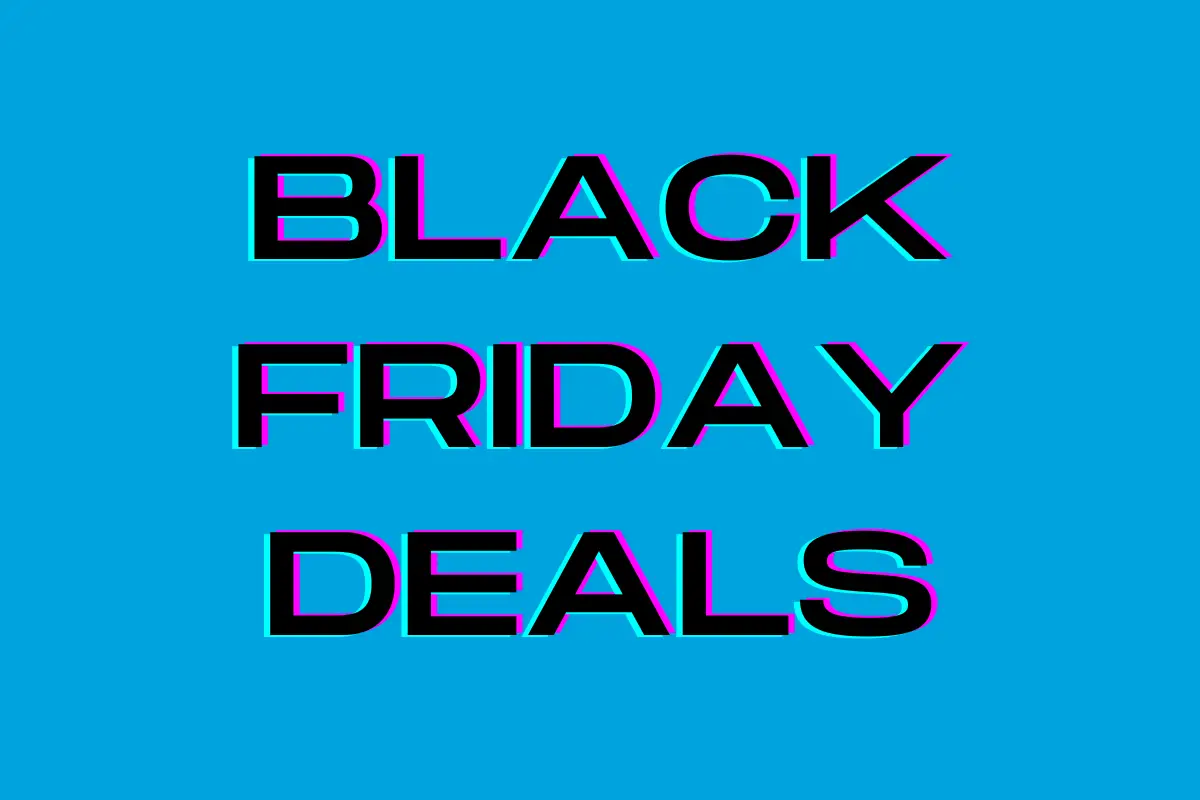 A light blue background with the words Black Friday Deals in the foreground