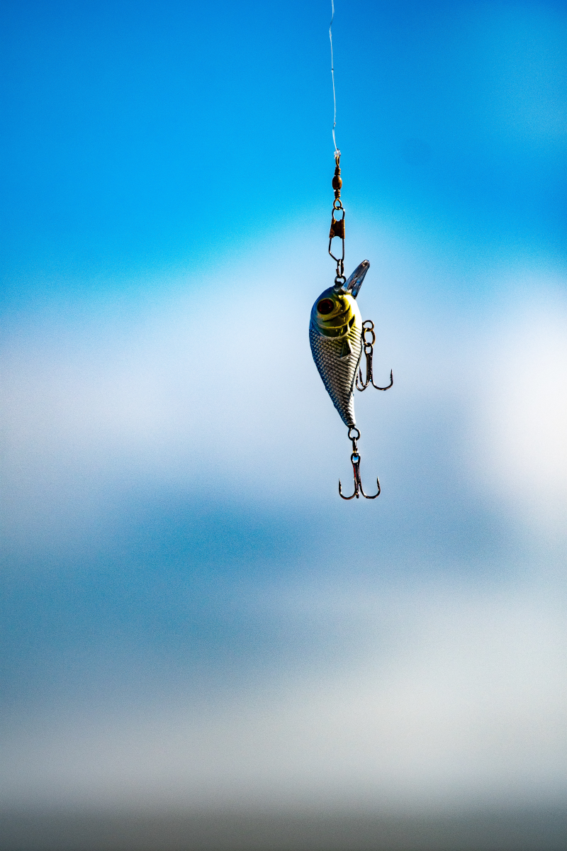 A crankbait hanging vertically off of a fishing line with a blurred blue background