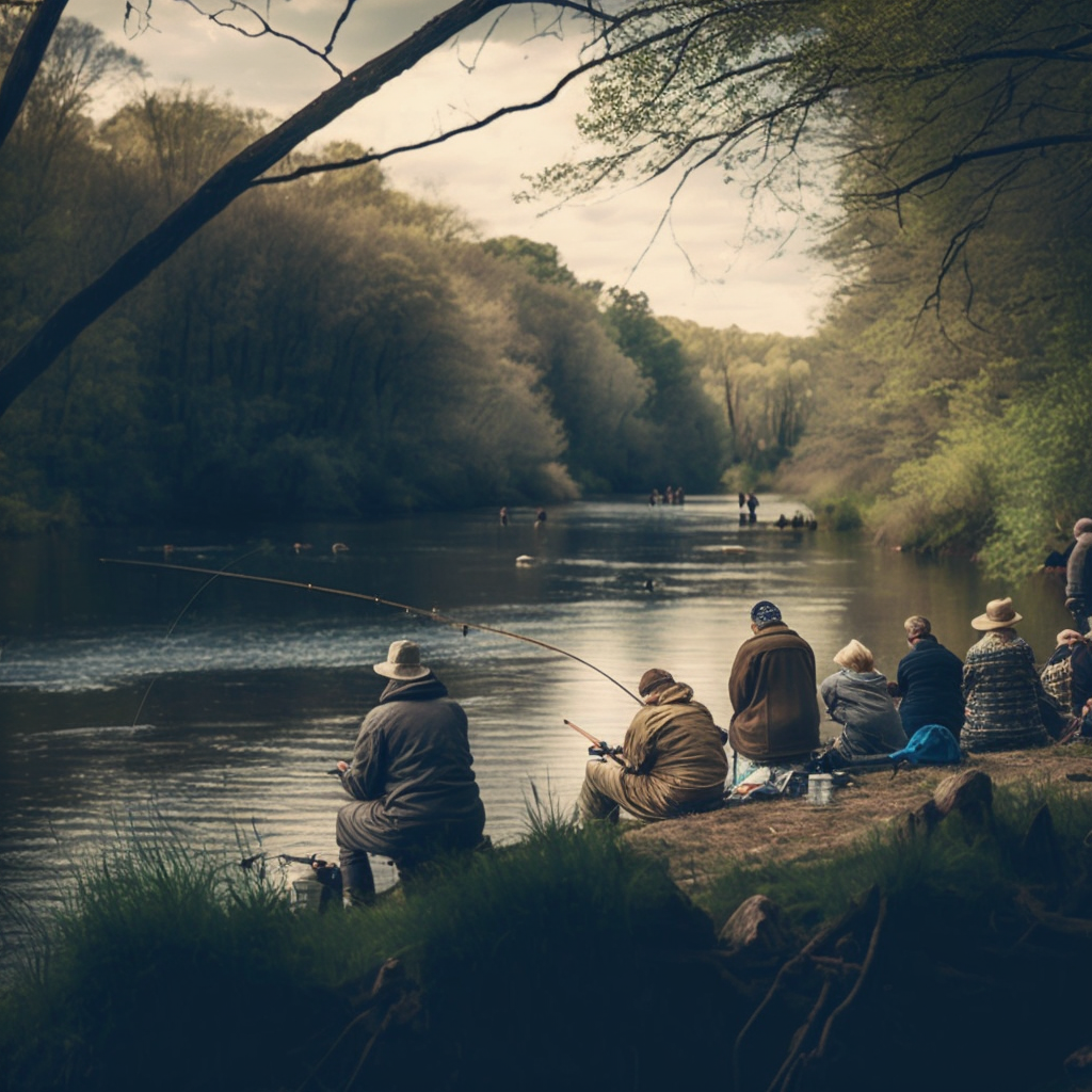 A photo of a river bank with several people fishing